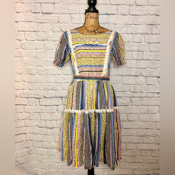 Vintage 50s Dress Full Circle Patchwork Square Line Dance Lace Trim Country - Picture 2 of 13